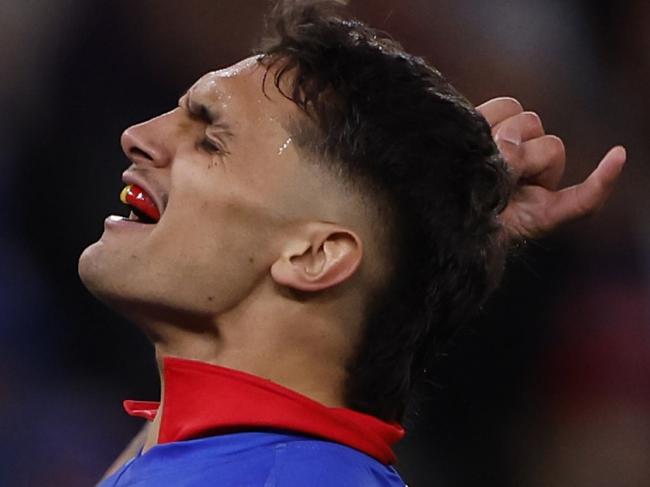 MELBOURNE, AUSTRALIA - AUGUST 02:  Jamarra Ugle-Hagan of the Bulldogs celebrates a goal during the round 21 AFL match between Footscray Football Club and Melbourne Demons at Marvel Stadium, on August 02, 2024, in Melbourne, Australia. (Photo by Darrian Traynor/Getty Images)