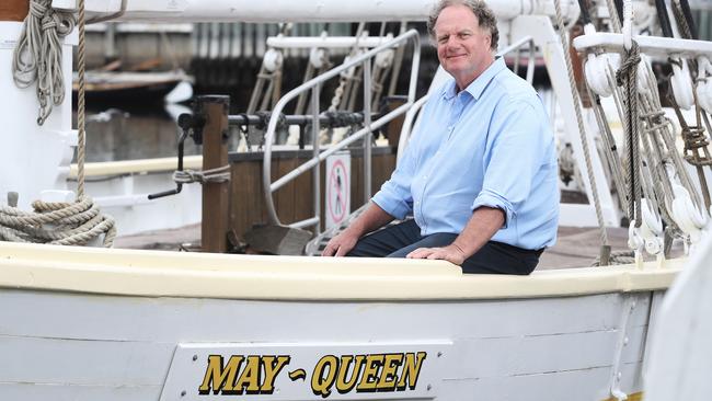 Chris Wisbey aboard The May Queen ahead of the 2019 Wooden Boat Festival. Picture: LUKE BOWDEN