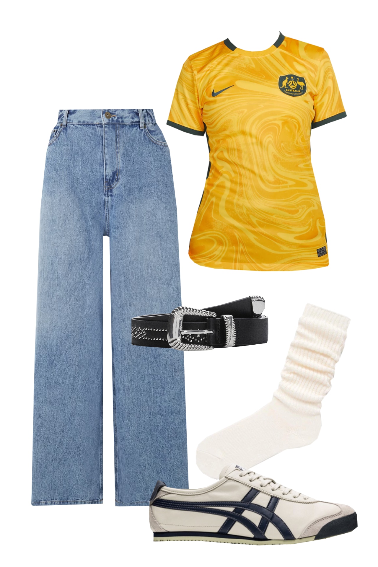 <h2><b>Australia home</b></h2><p>Sporting green and gold is a must this winter—what’s more stylish, after all, than showing support for the Matildas? They’re statement colours, so we’d pair them with something quieter, like a mid-wash baggy jean. Elevate the ensemble with a belt, which always makes a casual outfit seem more considered; a silver-buckled, Western-style belt would work wonders. And since each piece speaks to comfort above all, we’d choose sneakers and scrunched socks in lieu of a heel. </p><p><b>SHOP NOW: </b>Australia 2023 stadium home women's Nike Dri-Fit football shirt, $115 from <a href="https://www.nike.com/au/t/australia-2023-stadium-home-dri-fit-football-shirt-BdTTPf/DR3987-726" target="_blank" rel="nofollow noopener"><b>Nike</b></a></p><p><b>SHOP NOW:</b> Frankie Shop Sasha high-rise wide-leg jeans, $182.20 (originally $303.66) from <a href="https://www.net-a-porter.com/en-au/shop/product/frankie-shop/clothing/wide-leg/sasha-high-rise-wide-leg-jeans/1647597307893271" target="_blank" rel="nofollow noopener"><b>Net-a-Porter</b></a></p><p><b>SHOP NOW: </b>M.N.G Fedra belt, $44.95 from <a href="https://www.theiconic.com.au/fedra-belt-1817612.html" target="_blank" rel="nofollow noopener"><b>The Iconic</b></a></p><p><b>SHOP NOW: </b>Onitsuka Tiger Mexico 66, $180 from <a href="https://www.theiconic.com.au/mexico-66-unisex-1857226.html" target="_blank" rel="nofollow noopener"><b>The Iconic</b></a></p><p><b>SHOP NOW:</b> Knee high socks, $14.90 from <a href="https://www.uniqlo.com/au/en/products/E458389-000?colorCode=COL01&amp;sizeCode=WSU025" target="_blank" rel="nofollow noopener"><b>Uniqlo</b></a></p>