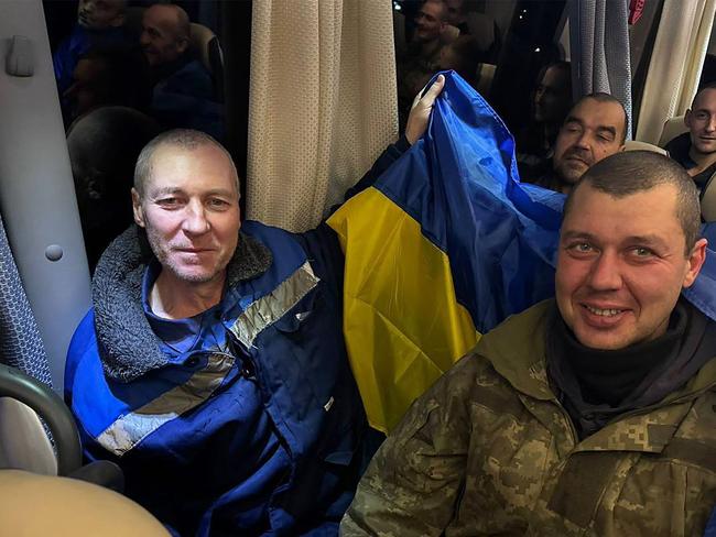 Some of the 189 Ukrainian prisoners of war who were released after an exchange at an undisclosed location. Picture: AFP