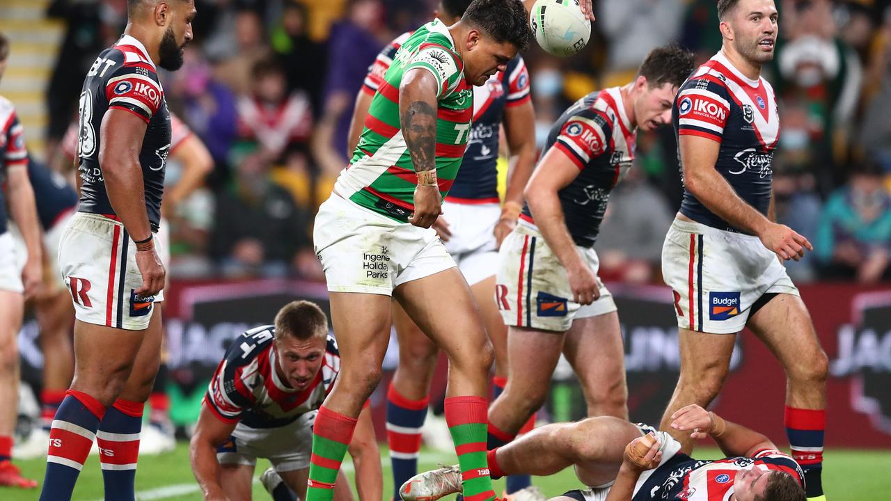 Latrell Mitchell also came under fire after throwing the ball down after scoring a try. Picture: Getty Images.