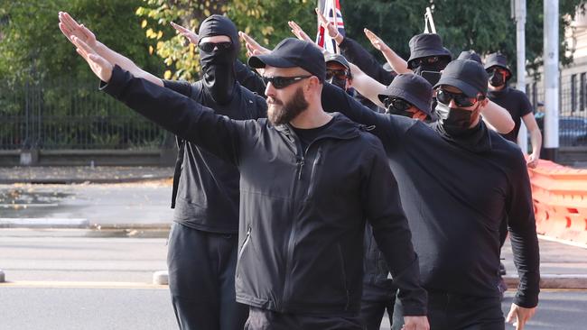 Far right activist Thomas Sewell is seen giving a nazi salute. Picture: NCA NewsWire / David Crosling