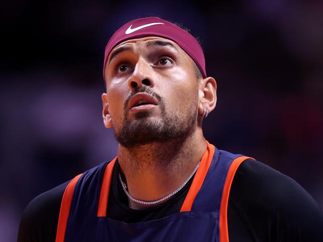 DUBAI, UNITED ARAB EMIRATES - DECEMBER 21: Nick Kyrgios of Eagles reacts in their men's singles match against Grigor Dimitrov of Falcons during day three of the World Tennis League at Coca-Cola Arena on December 21, 2022 in Dubai, United Arab Emirates. (Photo by Francois Nel/Getty Images)