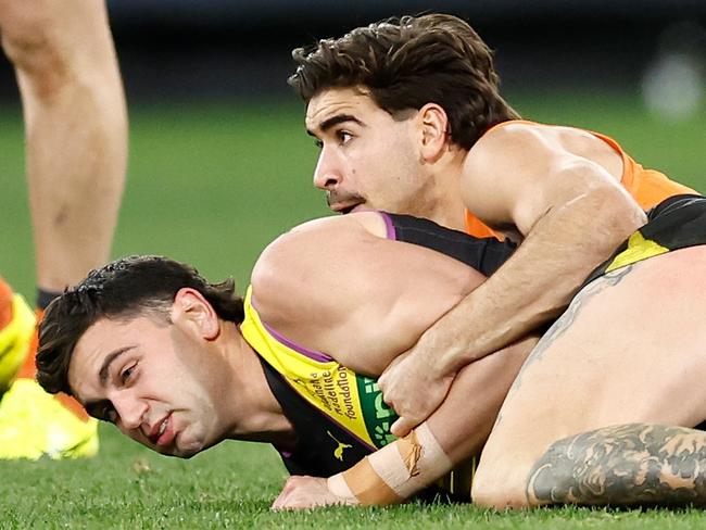 Toby Bedford has been banned for this tackle on Tim Taranto. (Photo by Michael Willson/AFL Photos via Getty Images)