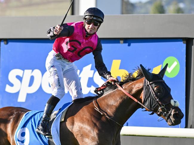 MORNINGTON, AUSTRALIA - APRIL 20: Daniel Stackhouse riding Esti Feny winning Race 8, the Sportsbet Mornington Cup during Melbourne Racing at Mornington Racetrack on April 20, 2024 in Mornington, Australia. (Photo by Vince Caligiuri/Getty Images)