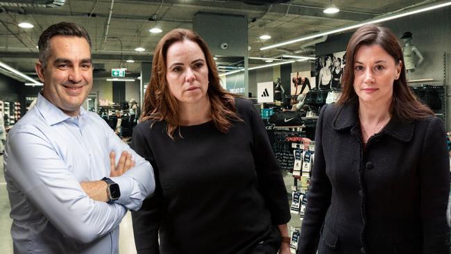 From left: Super Retail Group CEO Anthony Heraghty, and former executives and whistleblowers Rebecca Farrell and Amelia Berczelly.