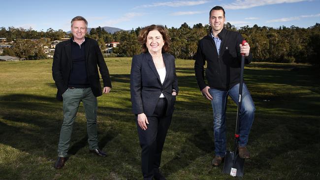 Deputy Premier and Minister for Education and Training, Jeremy Rockliff alongside CEO of TasTAFE Jenny Dodd and vice president of Master Plumbers, Michael Overeem. Picture: Zak Simmonds