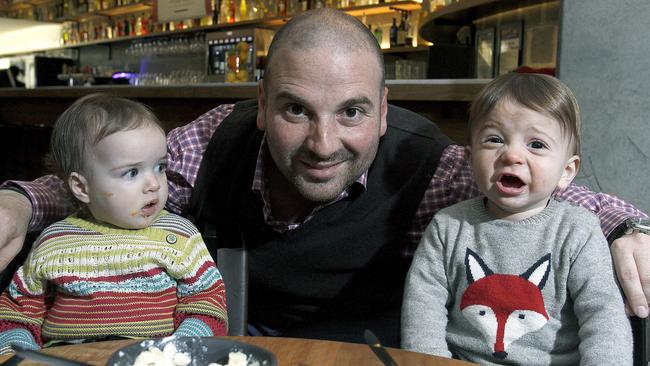 Mouths of babes ... Calombaris, with his son James, right, as a toddler with young friend Juliette at Mama Baba restaurant in South Yarra. Picture: NewsCorp.