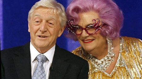 With Dame Edna Everage at the recording of Parkinson's final chat show in the UK, in 2007.