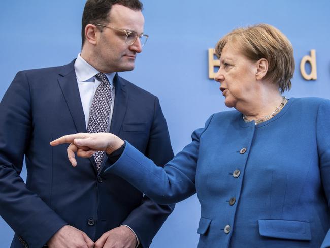 German Chancellor Angela Merkel speaks alongside Jens Spahn, Federal Minister of Health, at a press conference on the development of the coronavirus in Berlin. Picture: AP