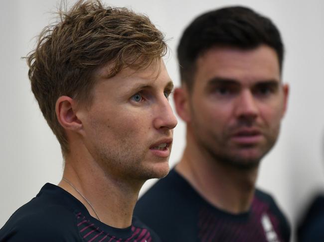 BIRMINGHAM, ENGLAND - JULY 30: Joe Root and James Anderson of England during a nets session at Edgbaston on July 30, 2019 in Birmingham, England. (Photo by Gareth Copley/Getty Images)