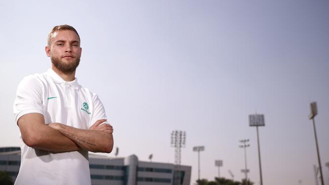 DOHA, QATAR - NOVEMBER 20: Nathaniel Atkinson of Australia poses after the Australia Press Conference at Aspire Training Ground on November 20, 2022 in Doha, Qatar. (Photo by Robert Cianflone/Getty Images)