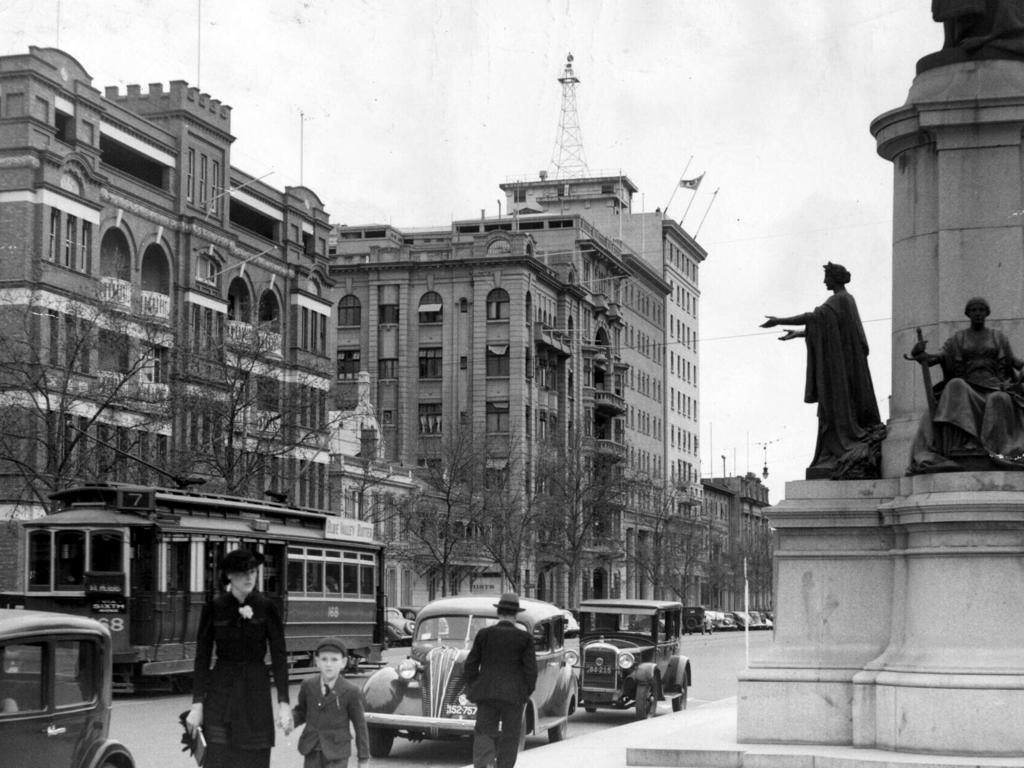 Trams on North Terrace, 1937.