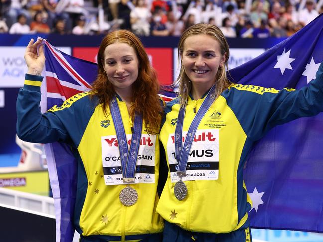 FUKUOKA, JAPAN - JULY 26:  Silver medallist Ariarne Titmus of Team Australia and gold medallist Mollie O'Callaghan of Team Australia pose during the medal ceremony for the Women's 200m Freestyle Final on day four of the Fukuoka 2023 World Aquatics Championships at Marine Messe Fukuoka Hall A on July 26, 2023 in Fukuoka, Japan. (Photo by Clive Rose/Getty Images)