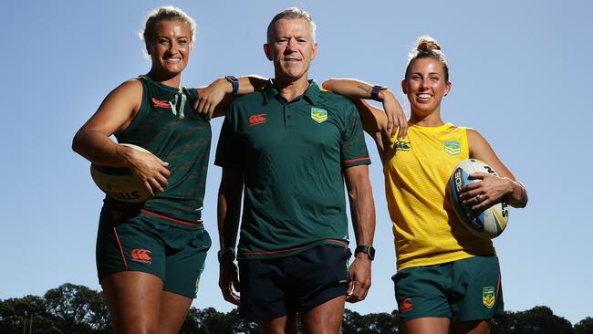 Steve Folkes with Ruan Sims and Samantha Bremner during his time as coach of the Jillaroos. Picture: Brett Costello.