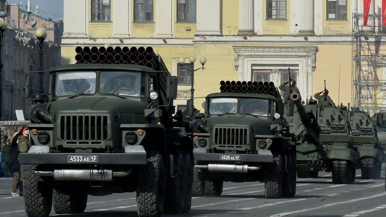 Russian military vehicles during a rehearsal for the Victory Day military parade.