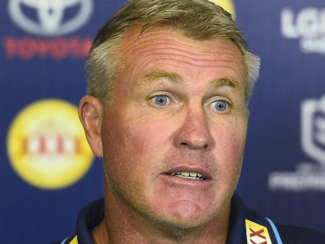 TOWNSVILLE, AUSTRALIA - MAY 03: Titans coach Garth Brennan speaks at the post match media conference at the end of during the round eight NRL match between the North Queensland Cowboys and the Gold Coast Titans at 1300SMILES Stadium on May 03, 2019 in Townsville, Australia. (Photo by Ian Hitchcock/Getty Images)