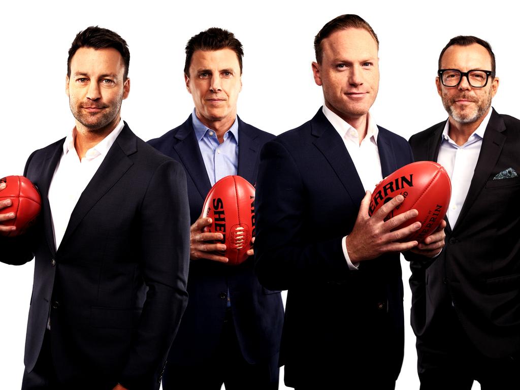 Jimmy Bartel, Matthew Lloyd, Sam McClure and Damian Barrett – the Footy Classified 2025 team. Picture: Ch9/Supplied