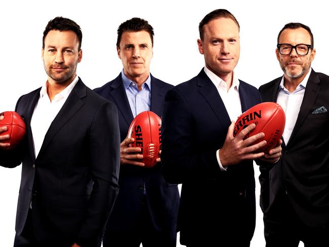Jimmy Bartel, Matthew Lloyd, Sam McClure and Damian Barrett – the Footy Classified 2025 team. Picture: Ch9/Supplied