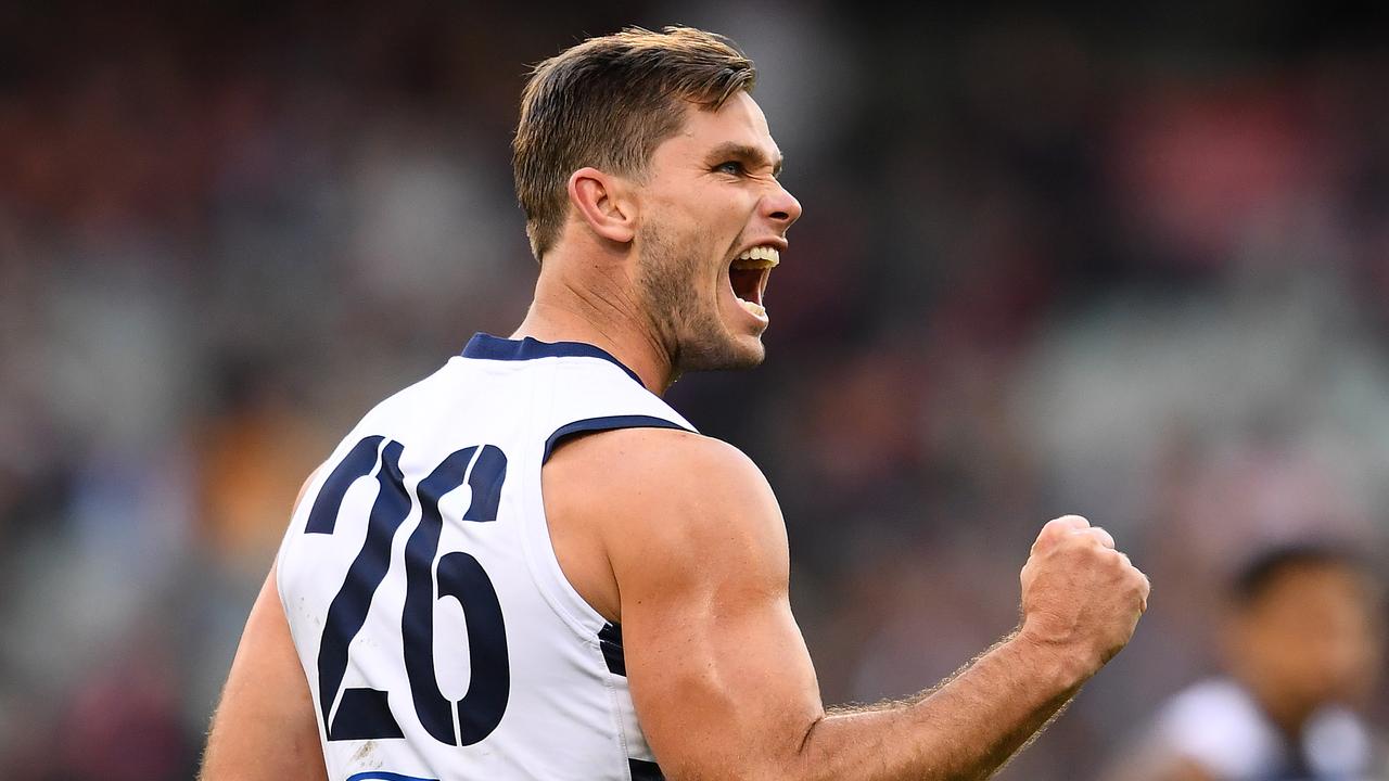 MELBOURNE, AUSTRALIA - MAY 05: Tom Hawkins of the Cats celebrates kicking a goal during the round seven AFL match between the Geelong Cats and the Essendon Bombers at Melbourne Cricket Ground on May 05, 2019 in Melbourne, Australia. (Photo by Quinn Rooney/Getty Images)