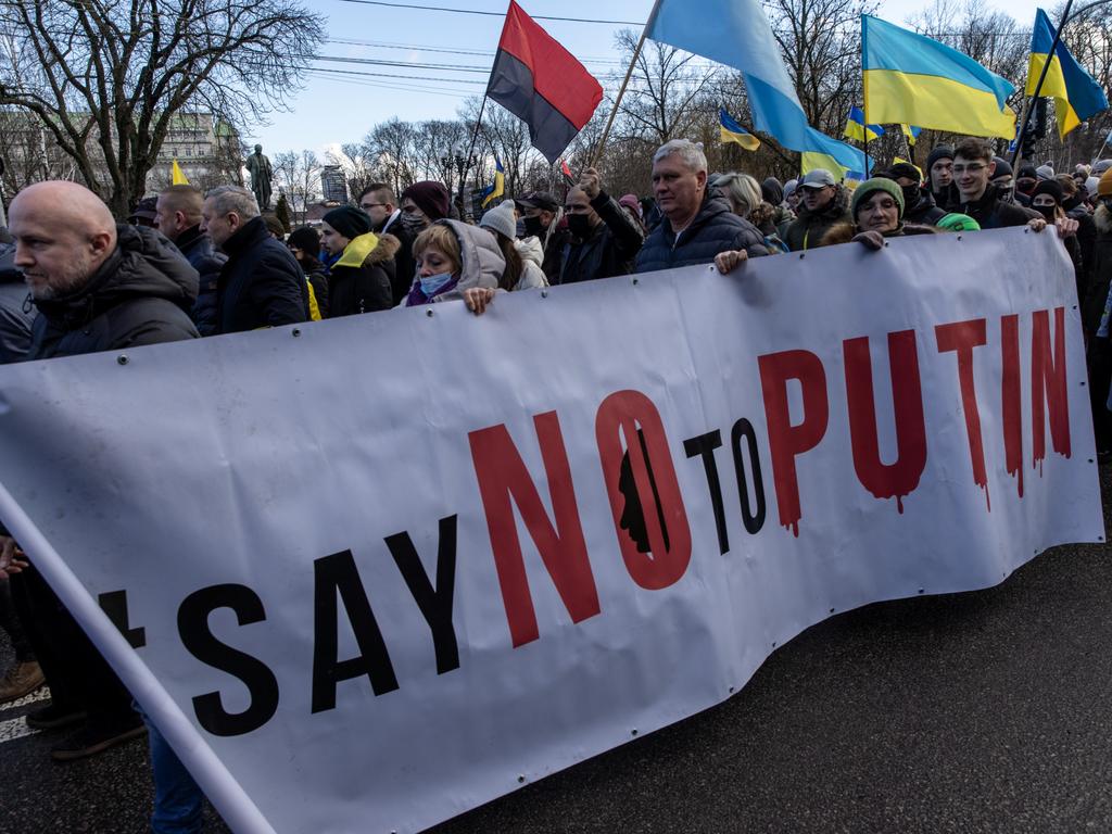 People participate in a Unity March to show solidarity and patriotic spirit over the escalating tensions with Russia in Kyiv Ukraine. Picture: Getty