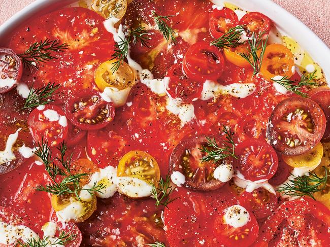 EMBARGO FOR TWAM, 15 FEBRUARY 2025. Twinkling Tomatoes with Milk Kefir Dressing from Salad for Days by Alice Zaslavsky, photography by Rochelle Eagle. Murdoch Books RRP $45.00.