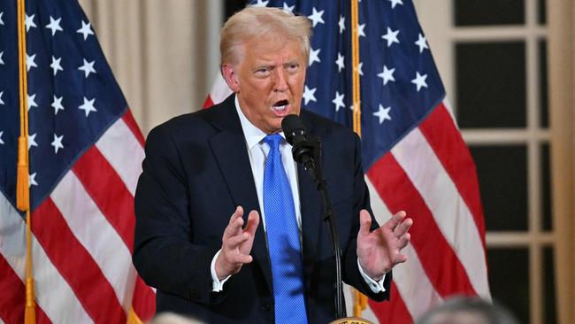 TOPSHOT - US President Donald Trump speaks as he hosts a dinner for US Republican Senators at his Mar-a-Lago resort in Palm Beach, Florida, on Febrary 7, 2025. (Photo by ROBERTO SCHMIDT / AFP)