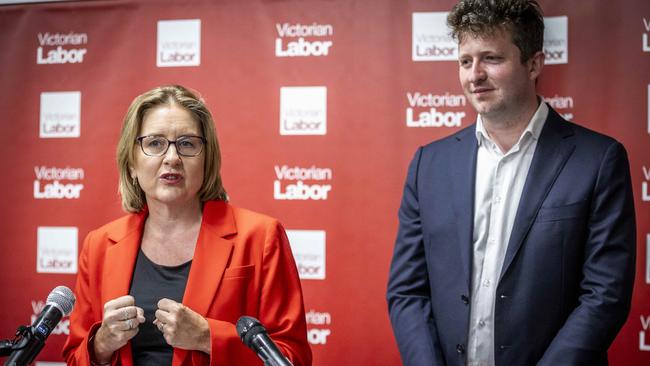 Victorian Premier Jacinta Allan and Werribee ALP candidate John Lister. Picture: Jake Nowakowski.