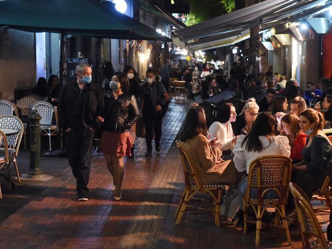 People out and about enjoying their first weekend out of lockdown. Hardware Lane in Melbourne CBD. Picture: Josie Hayden