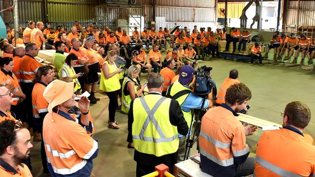 Employees of ASH, Australian Sustainable Hardwood gather at a mass meeting anouncing the closure of the Heyfield timber mill, Friday 17th March 2017. Picture : Andrew Batsch