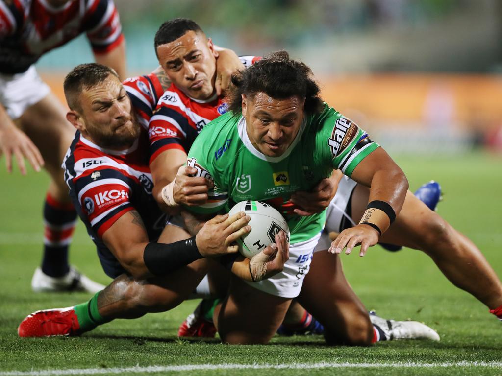 osh Papalii of the Raiders barges over for the opening try of the match. Picture: Mark Kolbe/Getty Images