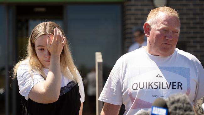 Samantha’s husband and daughter, Mick and Jess Murphy, speak to media outside Ballarat West Police Station. Picture: NCA Newswire / Nicki Connolly