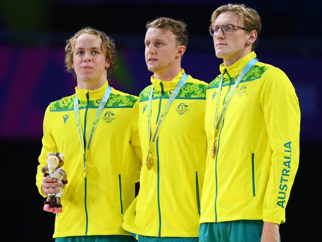 SMETHWICK, ENGLAND - JULY 29: (L-R) Silver medalist, Sam Short of Team Australia, Gold medalist, Elijah Winnington of Team Australia and Bronze medalist, Mack Horton of Team Australia pose with their medals during the medal ceremony for the MenÃ¢â¬â¢s 400m Freestyle Final on day one of the Birmingham 2022 Commonwealth Games at Sandwell Aquatics Centre on July 29, 2022 on the Smethwick, England. (Photo by Shaun Botterill/Getty Images)