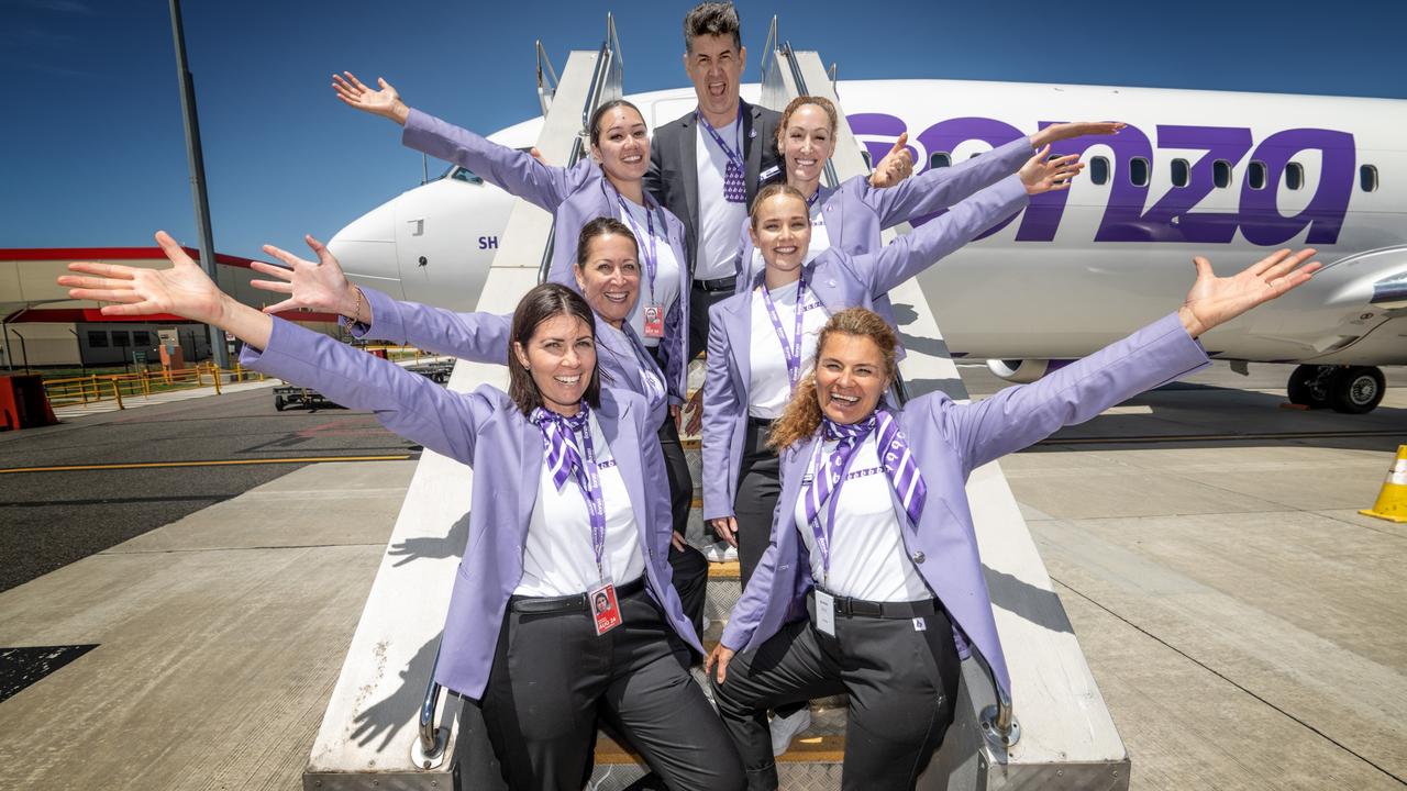 Bonza’s team of “legends” welcomes passengers aboard. Picture: Tony Gough