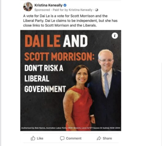 A Facebook ad from Kristina Keneally's campaign for Fowler which Independent Dai Le claims is misleading.