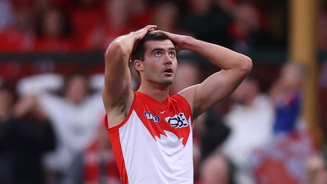 SYDNEY, AUSTRALIA - JUNE 29: Logan McDonald of the Swans reacts after missing a kick to win the game after the full time siren during the round 16 AFL match between Sydney Swans and Fremantle Dockers at SCG on June 29, 2024 in Sydney, Australia. (Photo by Jason McCawley/AFL Photos/via Getty Images)