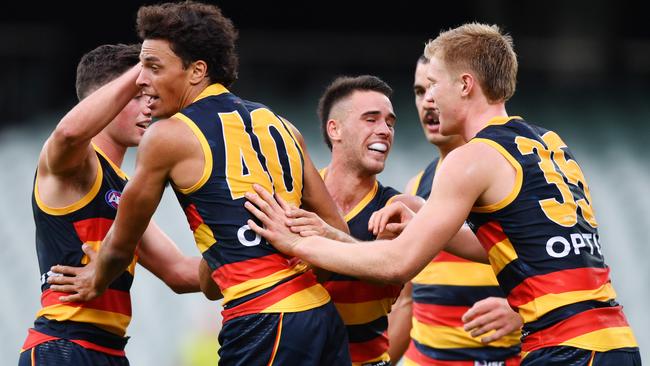 Ben Davis of the Crows celebrates a goal during the Round 1 AFL match between Adelaide Crows and Sydney Swans at Adelaide Oval in Adelaide, Saturday, March 21, 2020. (AAP Image/David Marauz) NO ARCHIVING, EDITORIAL USE ONLY