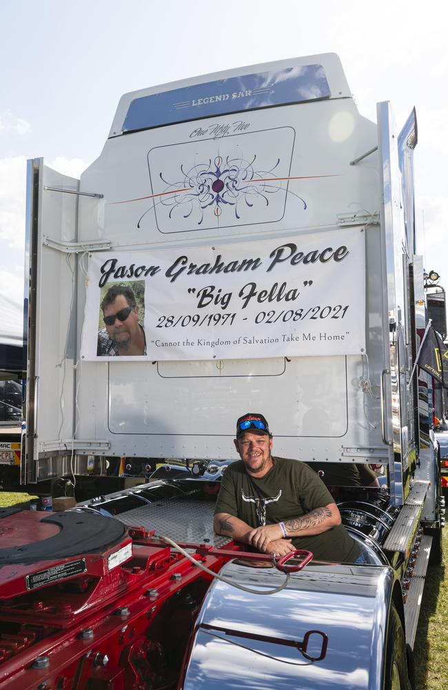 Shaun Butler stands by his memorial to Jason Peace at Lights on the Hill Trucking Memorial at Gatton Showgrounds, Saturday, October 5, 2024. Picture: Kevin Farmer