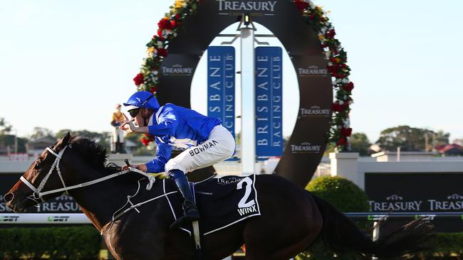 Winx wins her maiden Group 1, the Queensland Oaks in 2015.