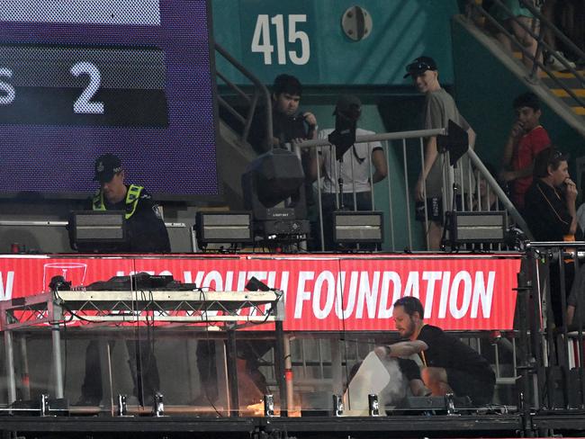 A stage catches on fire during the BBL match between Brisbane Heat and Hobart Hurricanes at The Gabba. Picture: Getty Images