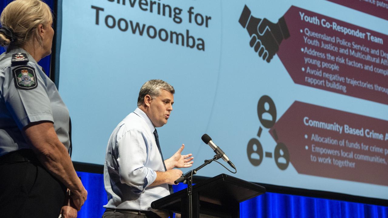 Police Minister Mark Ryan addresses the Toowoomba Community Safety Forum flanked by the Police Commissioner. Picture: Kevin Farmer