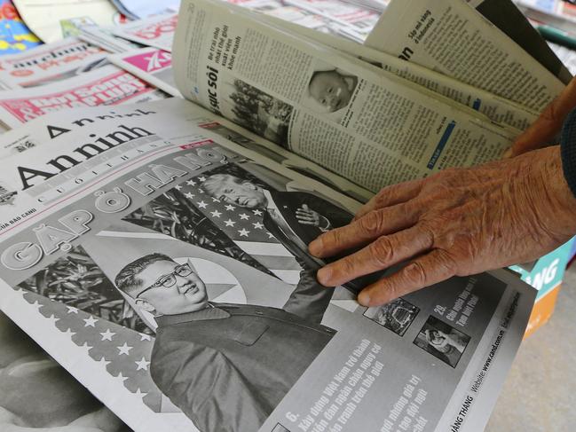 Newspapers fronting pictures of Donald Trump and Kim Jong Un at a newspaper stall in Hanoi. Picture: AP