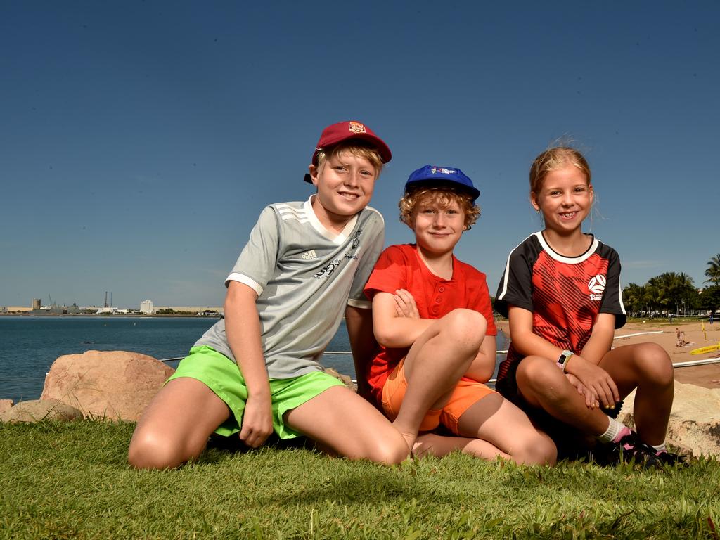 Townsville residents relaxing on the Strand after the relaxation of COVID-19 restrictions. Hayes Manning, 10, Parker Manning, 7, and Taylah Hollis, 8, from Kirwan. Picture: Evan Morgan