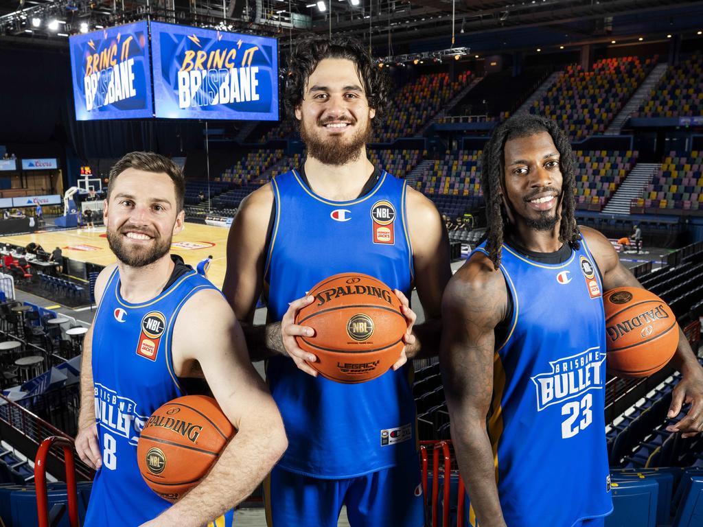 Mitch Norton, Tyrell Harrison and Casey Prather at Brisbane Bullets training ahead of their return to the Brisbane Entertainment Centre against the Sydney Kings. Picture: Richard Walker