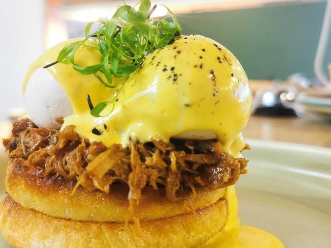 Angie Sue's Slow-cooked pulled pork Benedict on an English muffin