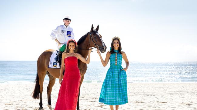 Magic Millions ambassador Amanda Abate and Pacific Fair fashion ambassador Laura Dundovic with jockey Robbie Dolan ahead of The Star Gold Coast Magic Millions Carnival. Picture: Luke Marsden