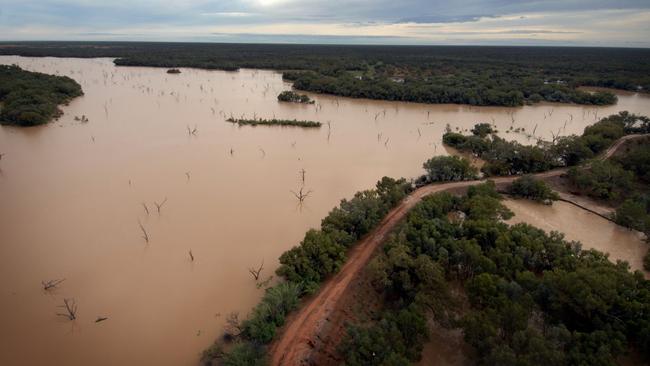 Little has changed since this picture was taken in 2008 of the embankment blocking the Warrego River’s flow at Toorale station, west of Bourke, NSW.