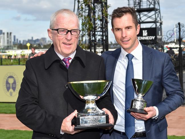 Mick Price and Michael Kent jnr  after winning  the PFD Food Services Makybe Diva Stakes at Flemington Racecourse on September 10, 2022 in Flemington, Australia. (Photo by Brett Holburt/Racing Photos via Getty Images)