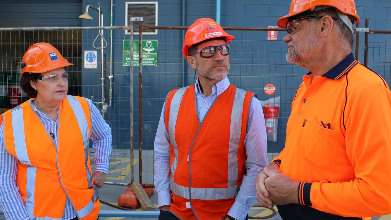 Mackay MP Julieanne Gilbert, Queensland University of Technology Senior Research Fellow, and Agriculture and the Bioeconomy engineer, Dr Darryn Rackemann, and Mercurius Biorefining CEO Karl Seck at the Mackay Renewable Biocommodities Plant at Racecourse Mill. Picture: Contributed