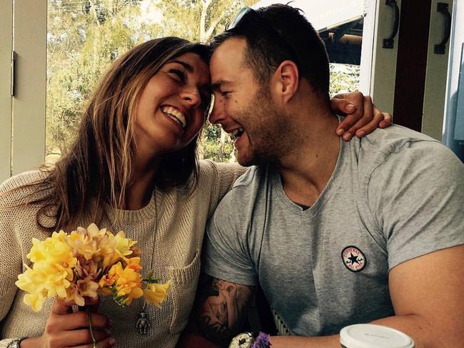 The surfing pro and football fiance Trent Merrin have been engaged for almost one year. Picture: Instagram